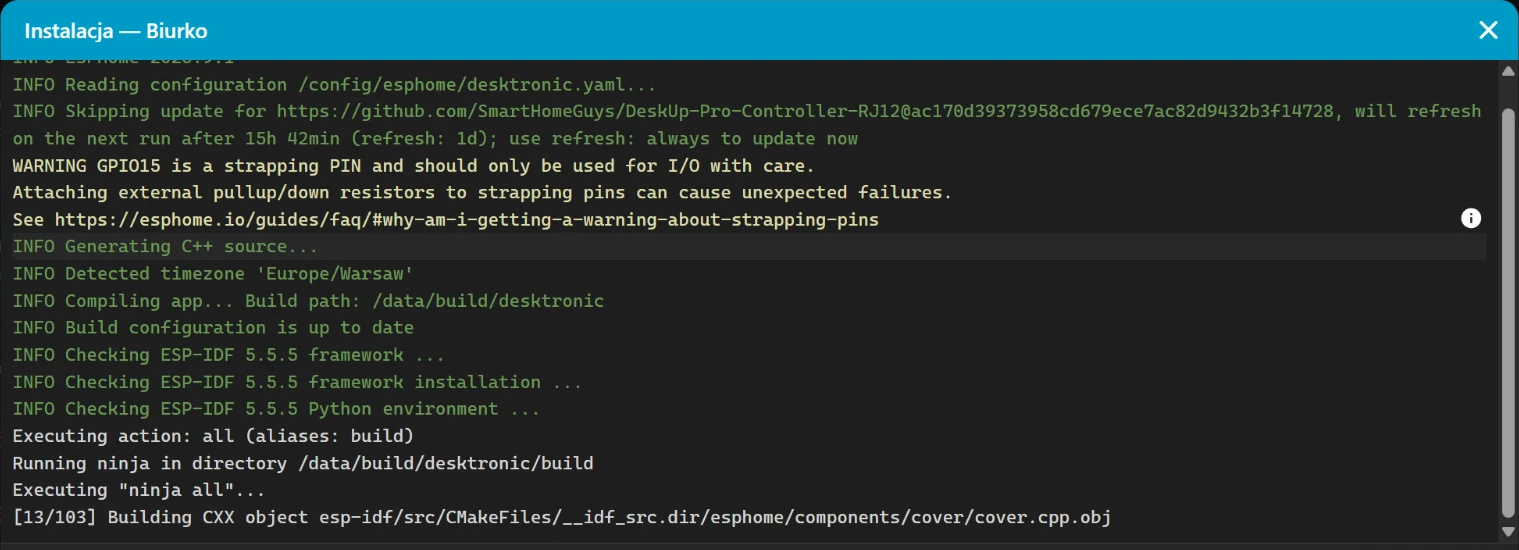 ESPHome Device Builder log: skipping update for the DeskUp package pinned at commit ac170d3