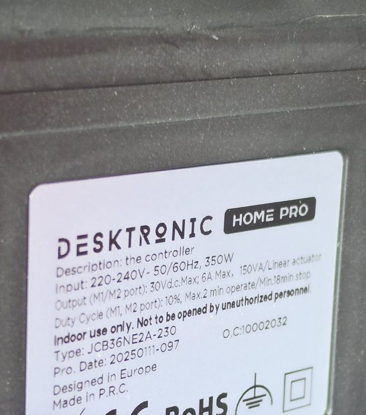 Control box label: Desktronic Home Pro, type JCB36NE2A-230, duty cycle 10 percent, max 2 minutes